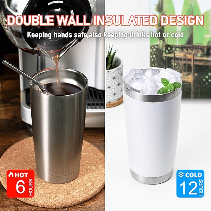 COMOOO 20oz Tumbler with Straw Stainless Steel Insulated Coffee Tumbler Cups Thermal Double Wall Vacuum Travel Coffee Mug with Splash Proof Sliding Lid for Home, Office, School (White, 1 Pack)