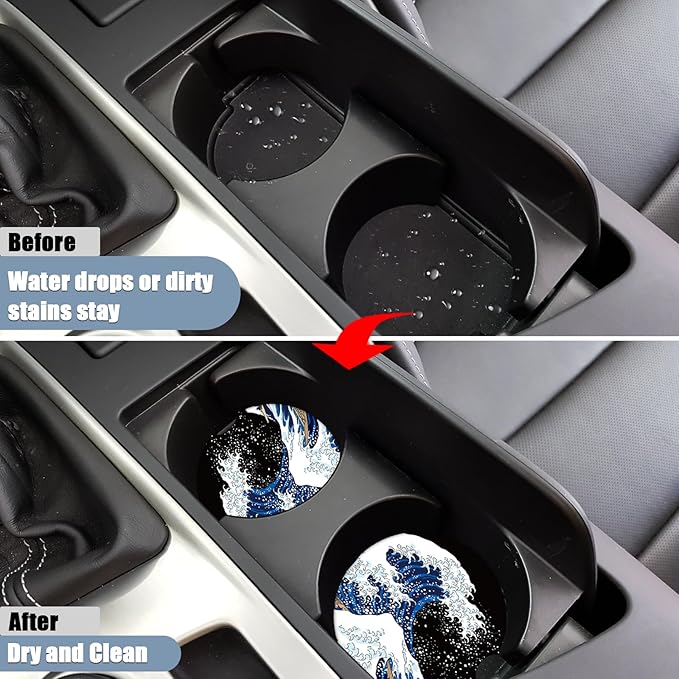 Car Cup Holder Coaster - Black Ocean Wave Absorbent Ceramic Coaster 2 Pack, Car Coasters for Cup Holders, Fashion Car Interior Accessories Drink Coaster for Women & Men