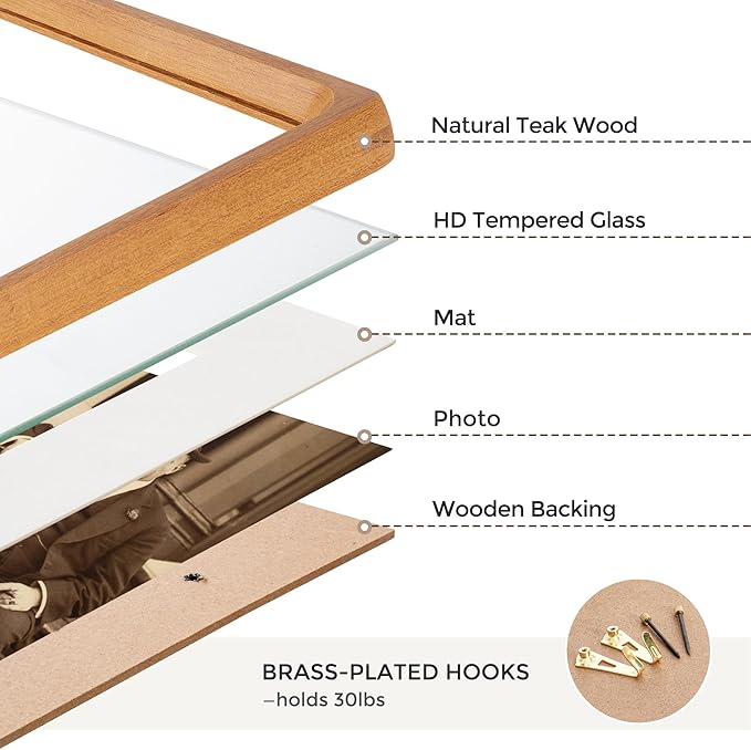 Heimlove 8.5X11 Picture Frames Natural Teak,Original Wood Hand Make Crafted Photo Frame with Mat to 6X8 Graduation Picture Display,Family Picture,Wedding Picture Tabletop & Wall Decoration