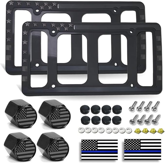 BGMVFK Silicone American Flag License Plate Frames- Patriotic Black Rubber USA Stars and Stripes Flag on Matte Black Holder Cover with Screws Caps, 2 Pack for Front and Rear Car Tags