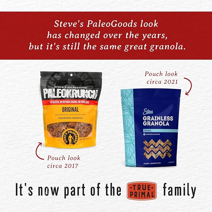 True Primal Grainless Granola Original. Made with honey. Gluten free. Grain free. (formerly Steve's PaleoGoods PaleoKrunch) 1 lb pouches 4-pack