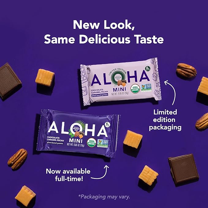 ALOHA Organic Plant Based Protein Bar MINIS |Caramel Chocolate Pecan | 20 Count, 24g Bars | Vegan, Low Sugar, Gluten Free, Low Carb, Non-GMO, Stevia Free, Soy Free, No Sugar Alcohols