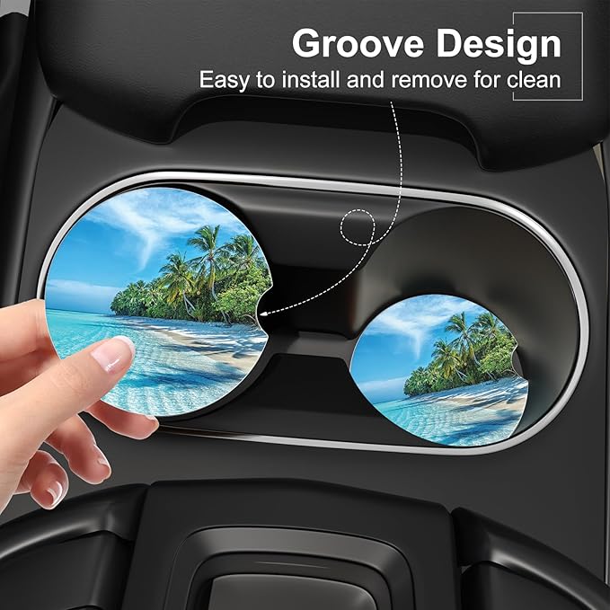 Car Cup Holder Coaster, Car Coasters for Cup Holders, 4 Pack Universal Anti Slip Insert Absorbent Ceramic Auto Interior Accessories with A Finger Notch & Cork Base, Sky and Sea