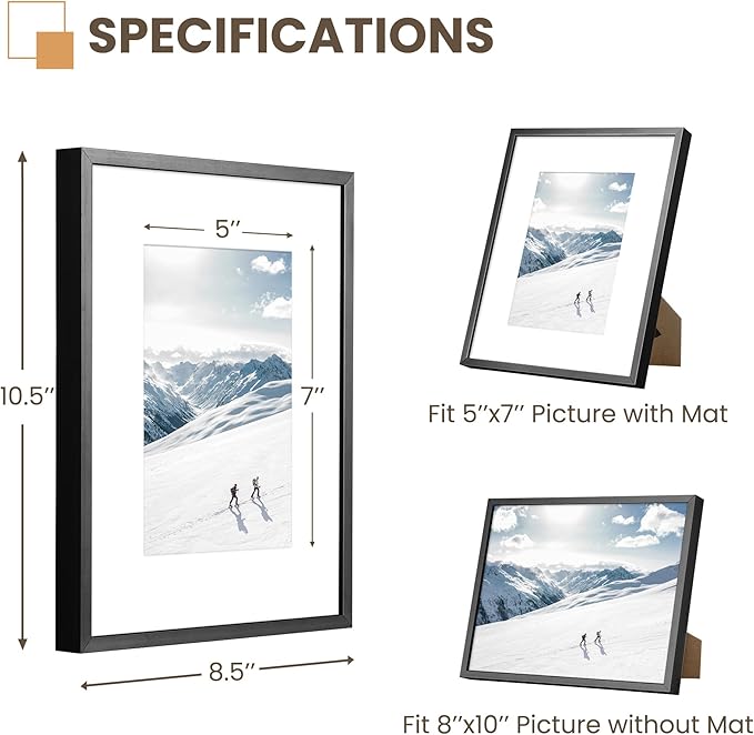 Heimlove 8x10 Aluminum Picture Frame, Metal photo Frame with Tempered Glass 5x7 with Mat or 8 x 10 Without Mat Wall Mounting Horizontally or Vertically,Poster Frame - 1 Pack - Black