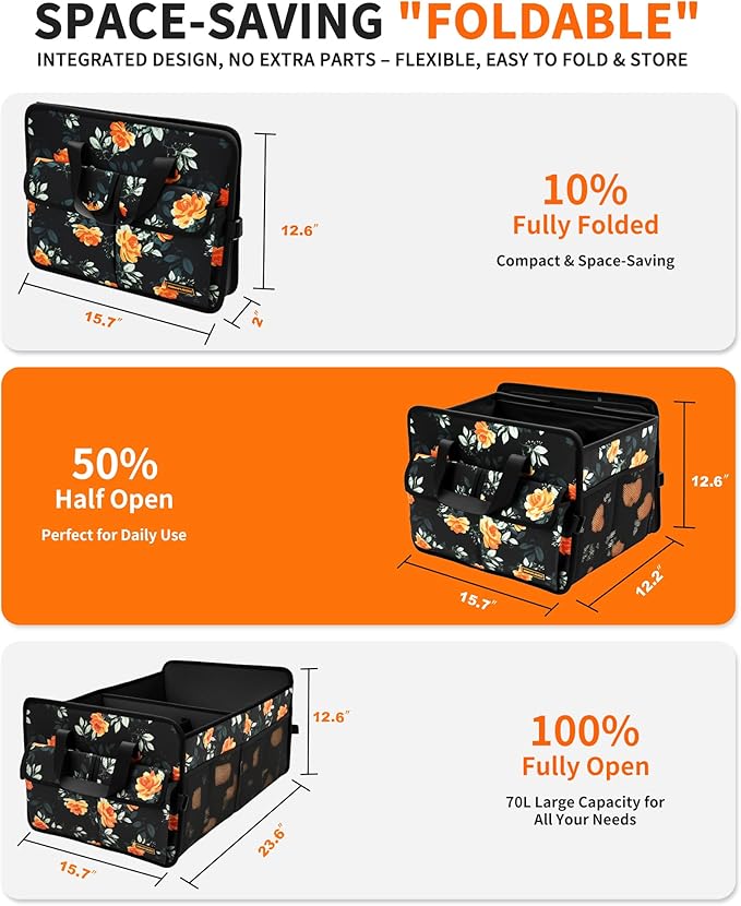 Sturdy Car Trunk Organizer ??70L Large Capacity Trunk Organizer for SUVs & Sedans, Hard-Shell One-Piece Design with Cute Print, Collapsible and Durable Car Organizers (Flower)