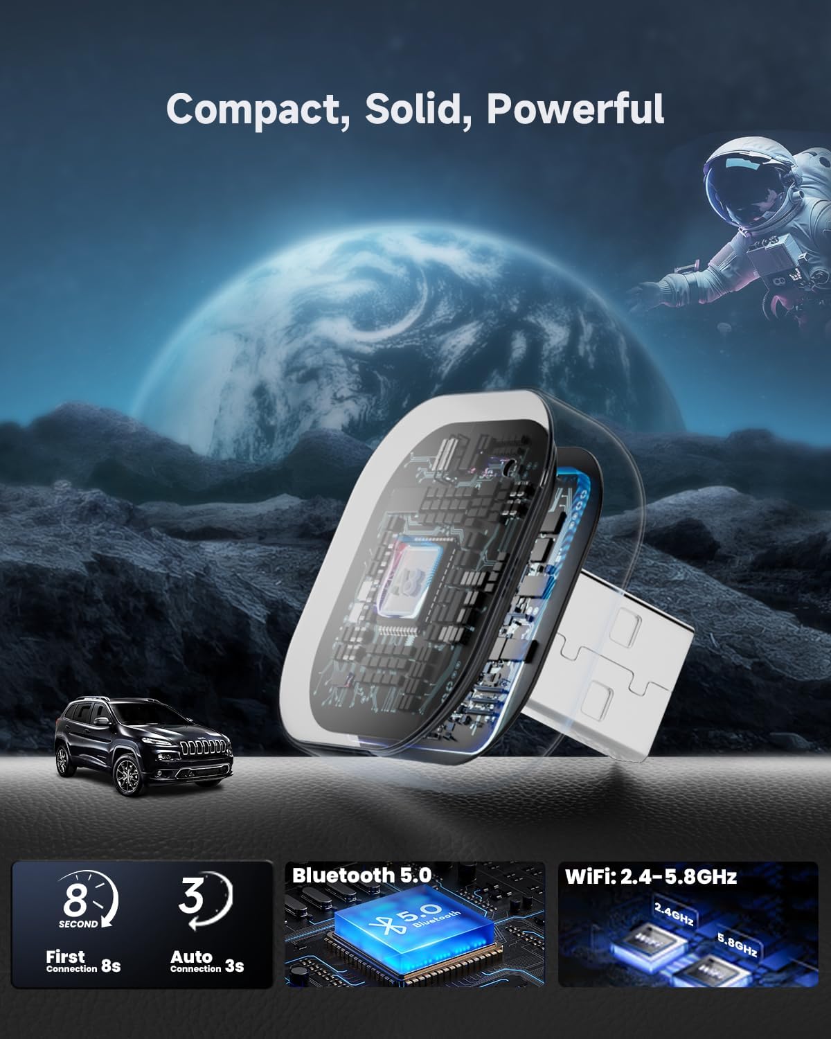 Spedal Wireless CarPlay Adapter for Factory Wired CarPlay – Plug & Play, Auto Reconnect, Mini Metal Design with USB-A & USB-C Cables – Compatible with iPhone 6+ and Cars from 2016 (Gray)