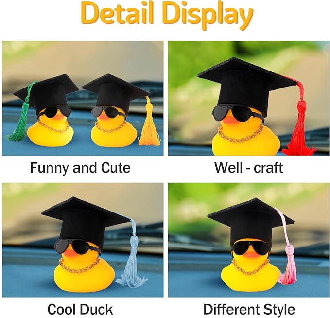 wonuu Car Dashboard Decor Graduation Hat Rubber Duck, Car Ducks Ornaments with Mini Hat Necklace Sunglasses Scarf (Red)