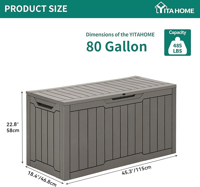 YITAHOME 80 Gallon Resin Deck Box, Weather Resistant Outdoor Storage Box, Lockable Indoor Outdoor Storage for Supplies and Essentials, Taupe