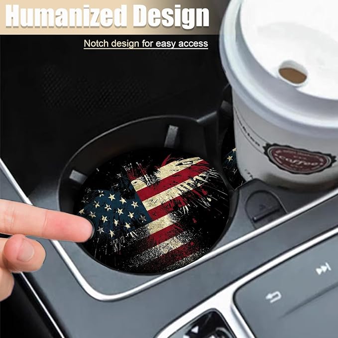 2 Pack Eagle American Flag Car Coasters for Cup Holders, USA Flag Ceramic Car Cup Holder Coaster for Car, Absorbent Car Cup Coasters with Cork Base Car Interior Accessories for Women Men