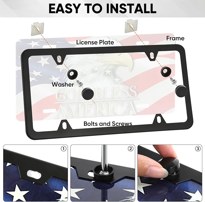 2 Pack License Plate Frames, 4 Holes Matte Black License Plate Frame, Aluminum License Plate Holder with Free Screws Fasteners Caps and Tool