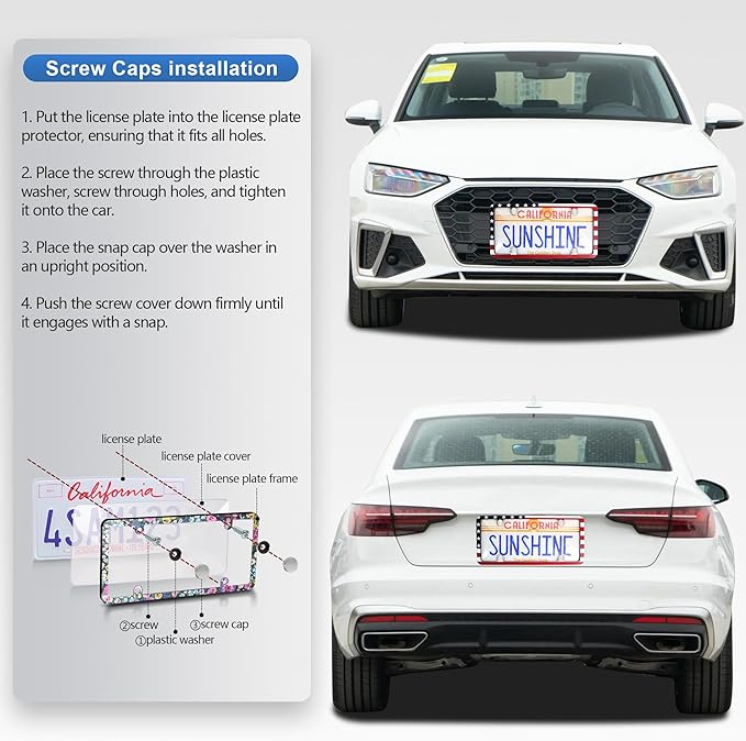 2pcs License Plate Protector Unbreakable License Plate Covers and Frames Set Front and Rear Clear License Plate Cover American Flag License Plate Frames Fits Standard Us Plates with Screws Caps