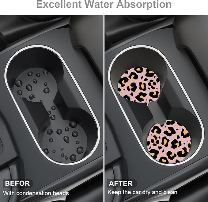 Car Cup Holder Coaster, Car Coasters for Cup Holders, 2 Pack Universal Anti Slip Insert Absorbent Ceramic Auto Interior Accessories with A Finger Notch & Cork Base, Pink Leopard Print