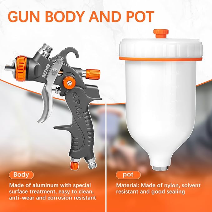 REFINE HVLP Air Gravity Spray Gun Sets, 2-Spray Paint Gun, 1.0mm 100ml & 1.4/1.7mm 600ml Auto Paint Sprayer Gun with Air Regulator for Car Paint, Primer, Topcoat & Touch-Up, Furniture, House Painting.