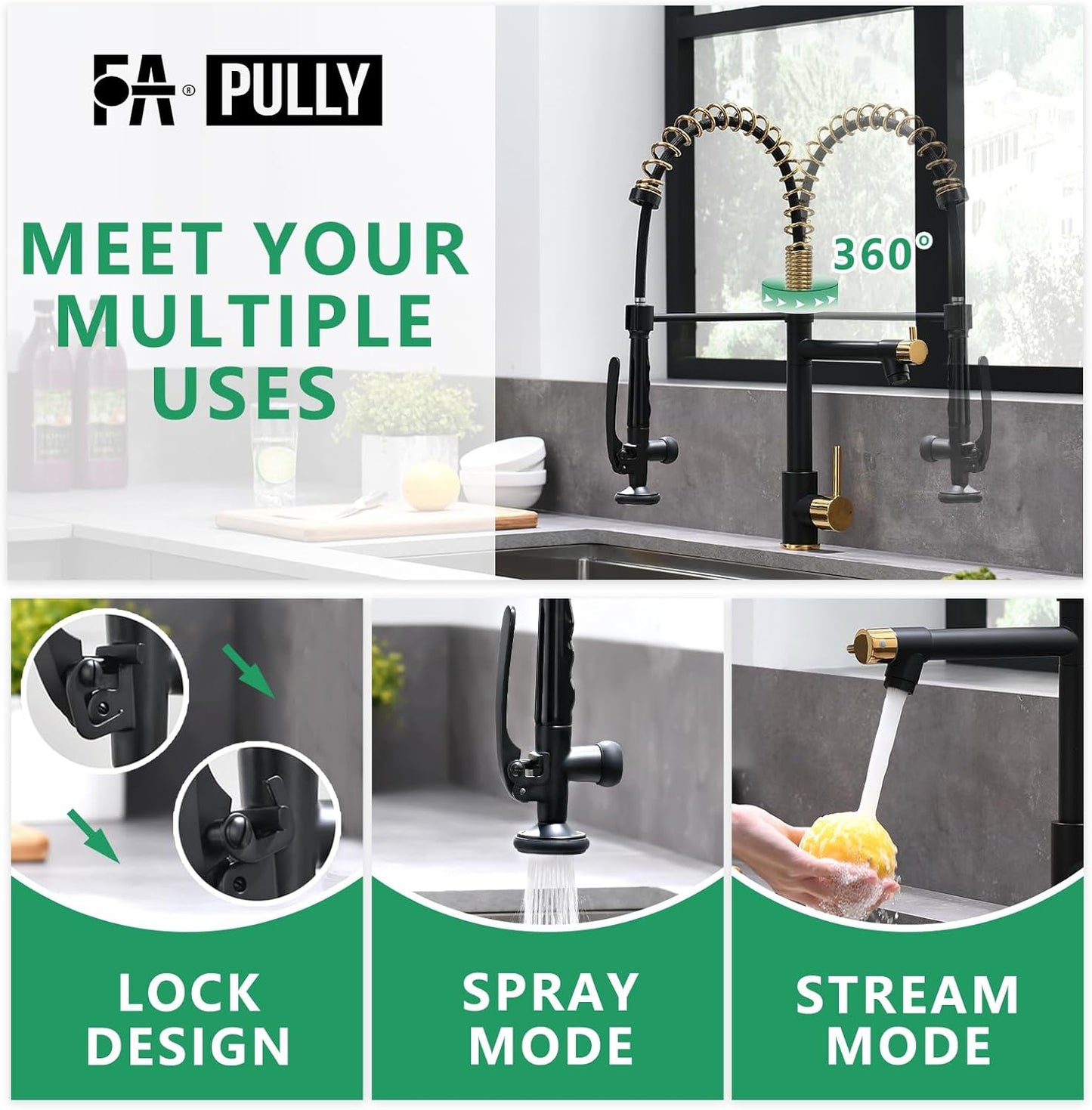 Fapully Black&Gold Kitchen Faucet with Sprayer,Commercial Pull Down Kitchen Faucet for Kitchen Sink