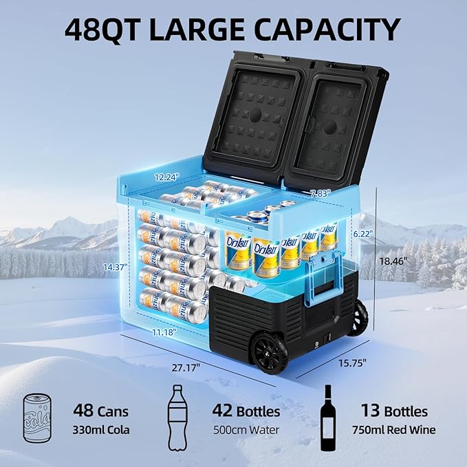 45L Car Refrigerator Freezer, 48QT Dual Zone 12V / 24V Portable Fridge with Reversible Door, Battery Slot, All-Terrain Wheels, AC/DC Powered, Touchscreen Control, LED Light, -4℉~68℉, Ice Blue