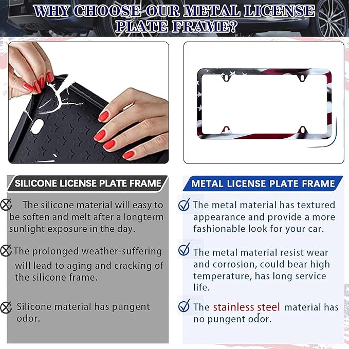 LIN KANG American Flag License Plate Frame Holder - 2 Pack Patriotic Universal Aluminum Matte Stripe US Flag Gloss Car Plate Frame Covers with 4 Holes and Screws Fasteners Caps
