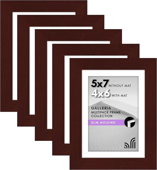 Americanflat 5x7 Picture Frame with Polished Plexiglass - Set of 5 - Use as 4x6 Frame with Mat or Display 5x7 Photo Without Mat - Galleria Collection - Picture Frames for Tabletop and Wall - Mahogany