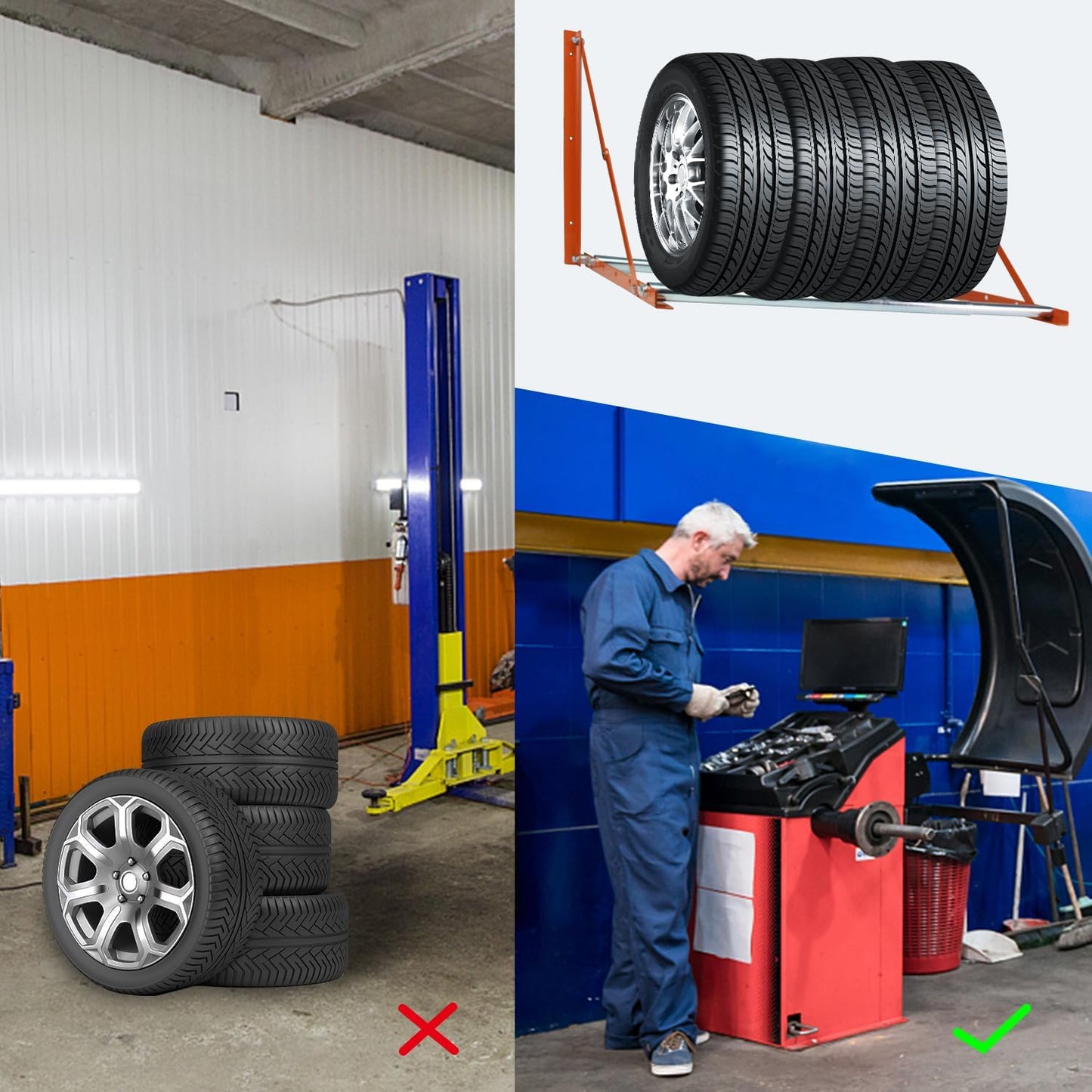 Foozet Heavy Duty Adjustable Wall Mounted Tire Rack for Garage with Telescopic Rods, Hanging Garage Tire Rack for Spare Car Wheel 420 lb.,Folding and Adjustable 30"-48" Tire Storage Rack