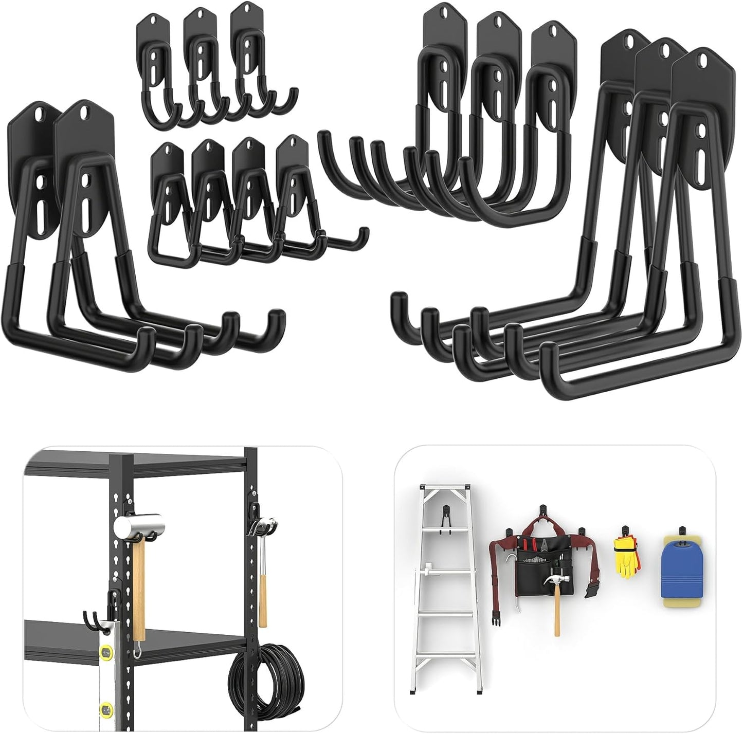 TORACK 15PCS Garage Storage System Hooks, Shelving Hooks for Keyhole Shelving Units Wall Mount Utility Hooks for Tools, Ladders, Cords, Folding Chairs, Shovels and Rakes(Black)