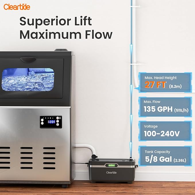 Cleartide Condensate HVAC Pump, Ultra-Quiet 25dB, 1/30 HP 135 GPH, Automatic Condensate Removal Pump with Safety Switch for Air Conditioner/Furnace/Dehumidifier/Ice Machine, 100-240V, 27ft Head Height