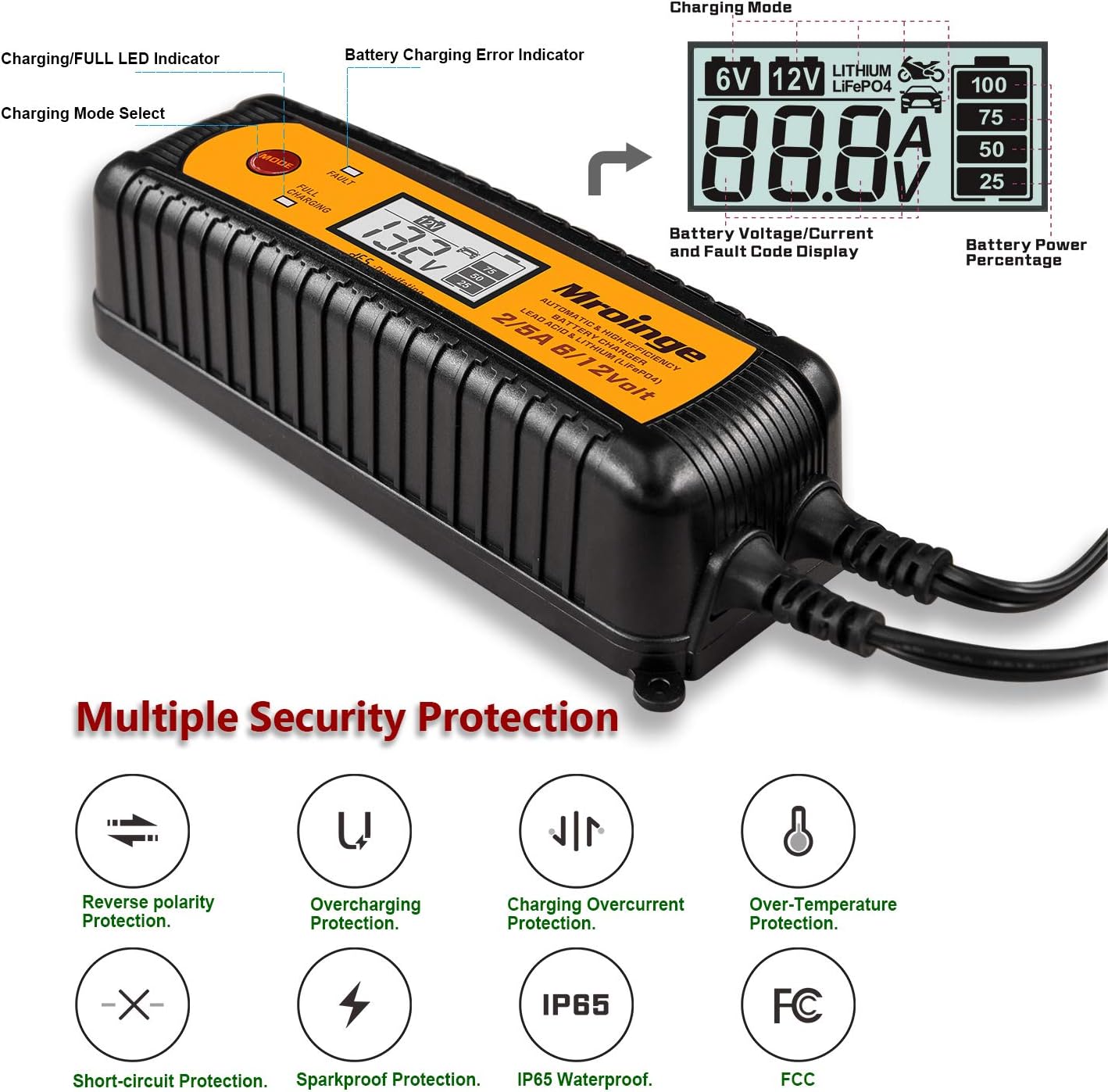 Car Battery Charger, Mroinge 5A 6V/12V Fully Automatic Smart Charger, Battery Maintainer, Trickle Charger and Battery Desulfator for Lead Acid and Lithium Batteries, with LCD Display, MBC050-LCD