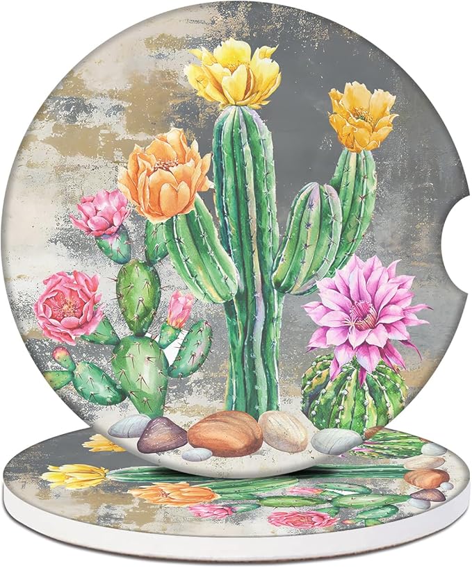 Tropical Cactus Car Coasters for Cup Holders, Plant Flower Absorbent Ceramic Car Coaster Car Cup Holder Coaster Car Accessories for Women Men (2 Pack)