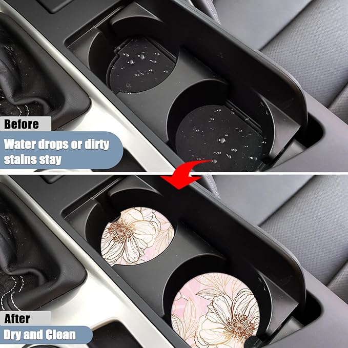Car Cup Holder Coaster - Pink Flowers Absorbent Ceramic Coaster 2 Pack, Car Coasters for Cup Holders, Fashion Car Interior Accessories Drink Coaster for Women & Men