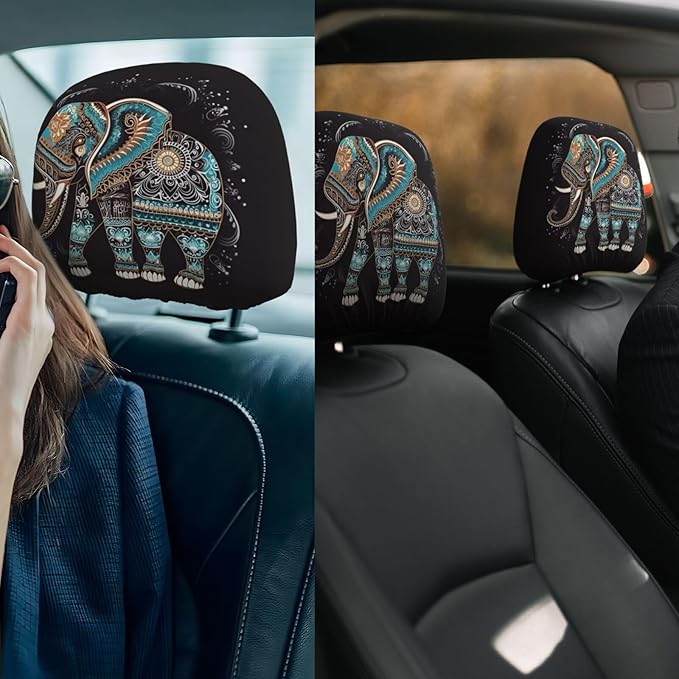 Dujiea 2 Pack Mandala Tribe Elephant Car Headrest Covers, Universal Soft Car Seat Head Rest Cover Protector, Vehicle Accessories Fabric Headrest Cover for Cars Vans Trucks