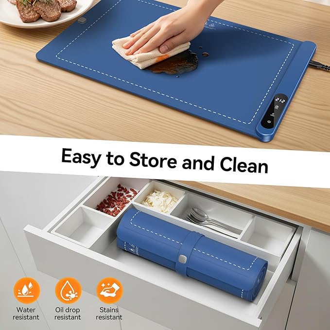 Warming Mat for Food, Silicone Heating Mat with 6 Temperature Levels, Fast Full Surface Heating, Portable Roll Up Electric Warming Tray with Heat-Resistant Pad, Heat Pad for Buffet Parties, Blue