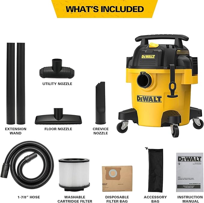 DEWALT DXV05P 5 Gallon Poly Wet/Dry Vac, 4 Peak HP Shop Vacuums with Attachments, Powerful Suction, 1-7/8" Hose, DXV05P, Yellow