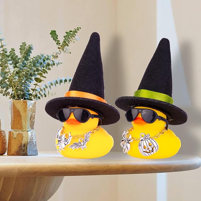 Car Rubber Duck Ornaments Halloween Duck Car Dashboard Decorations with Mini Witch Hat Sunglasses Necklace Halloween Accessories for Halloween Themed Gifts(W11-B&Orange Ribbon)