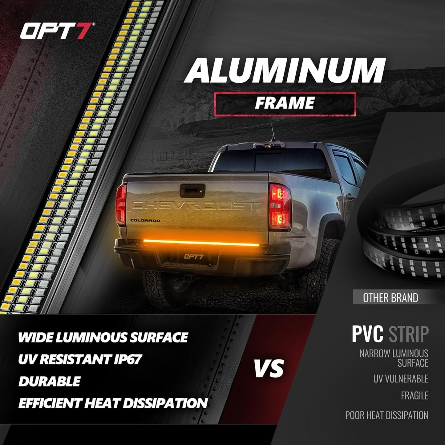 OPT7 48" Redline Triple Row LED Tailgate Light Bar w/Sequential Amber Turn Signal - Weatherproof Rigid Aluminum Frame Light Strip for Colorado Canyon Frontier - Full Functions Reverse Brake Running