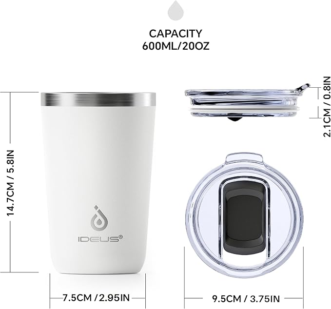 Ideus 20 oz Tumbler, Travel Coffee Mug with Splash Proof Sliding Lid, Double Wall Stainless Steel Vacuum Insulated Coffee Mug for Home and Office, Keep Beverages Hot or Cold, White