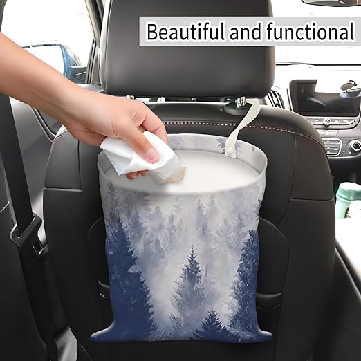 Car Trash Can, Hanging Garbage Bin for Men and Women, Cute Car Organizer and Storage Bag, Canvas Vehicle Trash Can Bag Easy-to-Install Cute Grey Mountain
