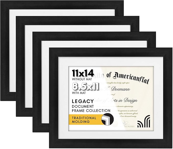 Americanflat 11x14 Diploma Frame with Shatter-Resistant Glass - Set of 4 - Use as 8.5x11 Frame with Mat or Display 11x14 Documents Without Mat - Legacy Collection - Certificate Frames for Wall - Black