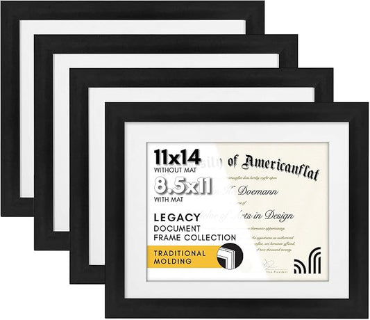 Americanflat 11x14 Diploma Frame with Shatter-Resistant Glass - Set of 4 - Use as 8.5x11 Frame with Mat or Display 11x14 Documents Without Mat - Legacy Collection - Certificate Frames for Wall - Black