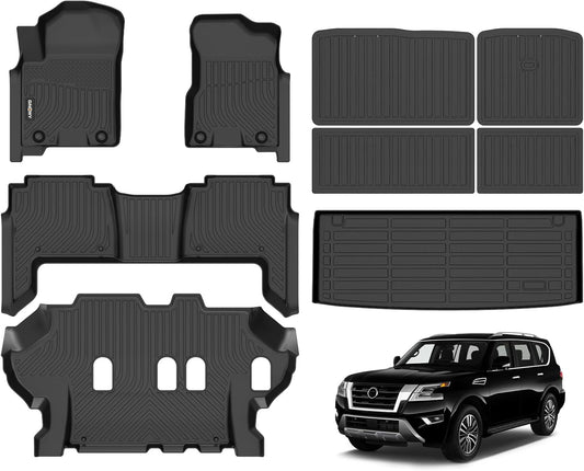 GINOWY-Floor Mats & Cargo Liner for Nissan Armada &Infiniti QX80 2019-2024 Bench Seating All Weather Armada 2024 Floor Mat Non-Slip Backrest Mat Trunk Mat Waterproof Floor Liners Accessories Black