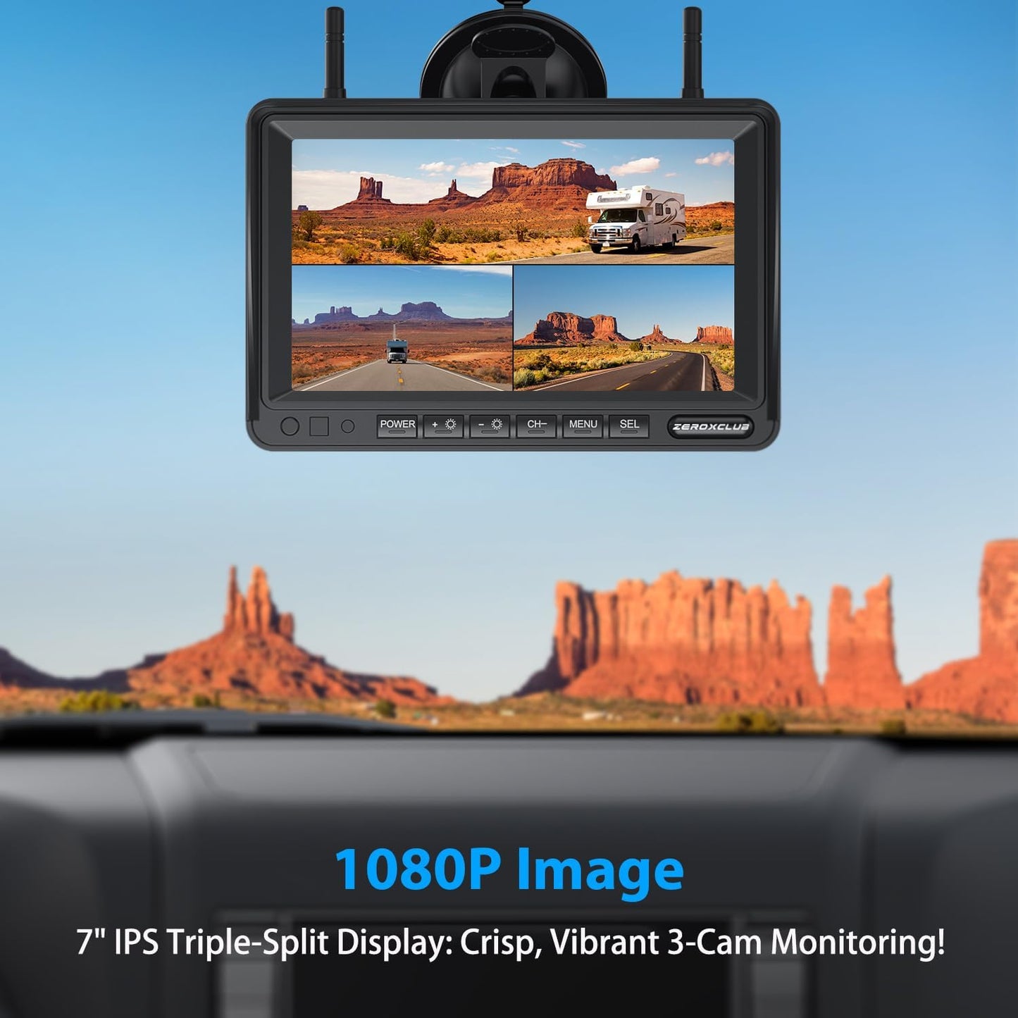 3-Camera Wireless RV Backup Camera System with 7-Inch Monitor, 1 Rear Sharkfin, 2 Side Cameras, DVR Monitor & IR Night Vision, IP69K Waterproof, Compatible with Furrion Pre-Wired RV Trailer