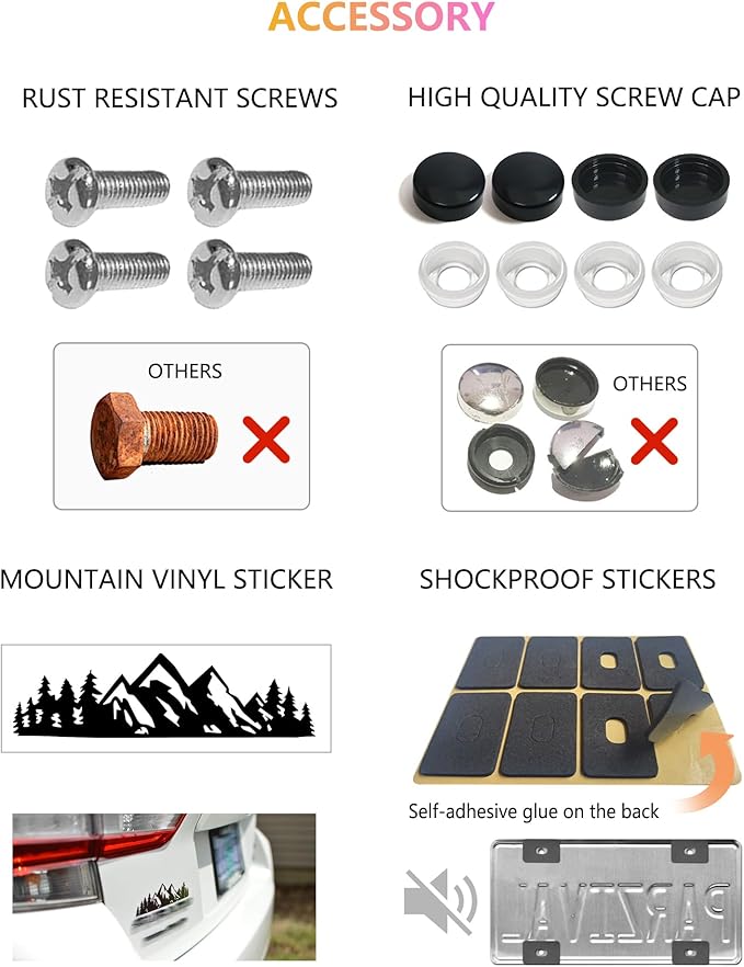 Mountain License Plate Frames - 2 Pack Black Plastic Car Tag Frame with 3D Mountain Design, Included Mountain Vinyl Sticker, Screws & Caps