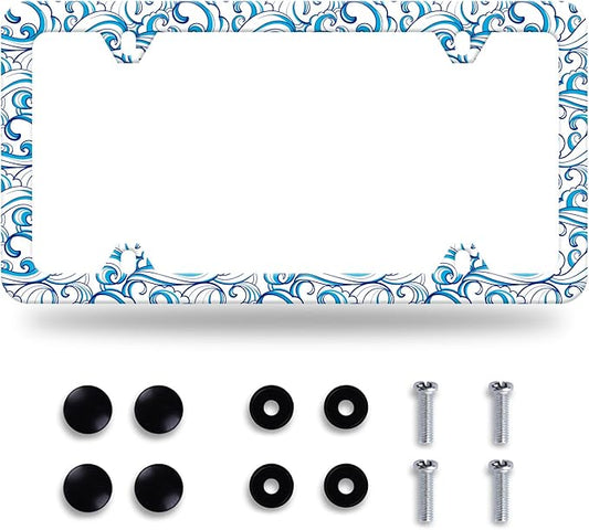 Blue Ocean Waves License Plate Frame License Plate Stainless Steel Auto Parts Colorful License Plate Funny Decorative with Screws Size 12.3" x 6.3" for Men Women