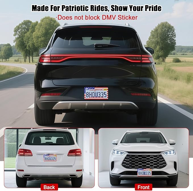 American Flag License Plate Frames Holder - 2 Pack Stainless Steel Rustproof USA Patriotic Car Tag Cover Holder with Free Screws Accessories + Metal Stickers & Keychain & Cup Holder Mats, Red Blue