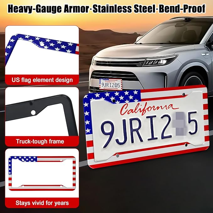 American Flag License Plate Frames Holder - 2 Pack Stainless Steel Rustproof USA Patriotic Car Tag Cover Holder with Free Screws Accessories + Metal Stickers & Keychain & Cup Holder Mats, Red Blue