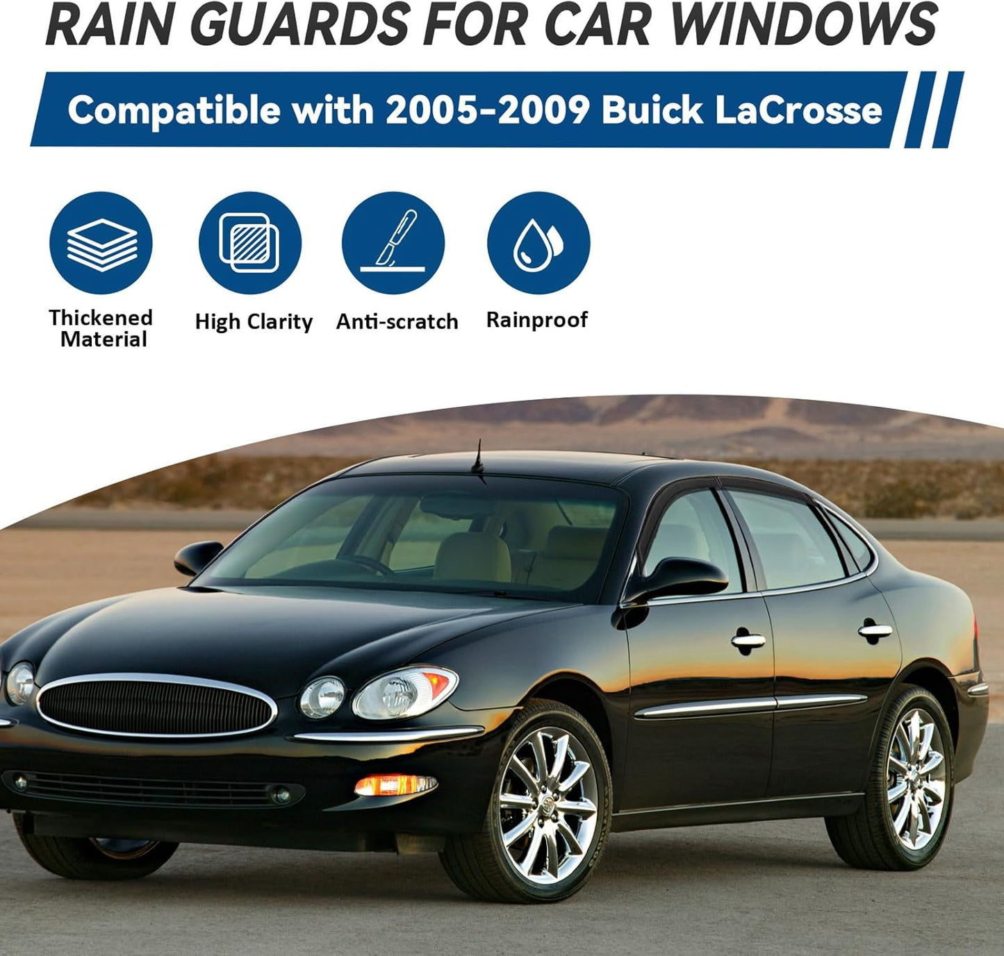 4pcs Window Visors Compatible with 2005-2009 Buick Lacrosse Front+Rear Smoke Tint Sun/Rain Guard Outside Mount Tape-On Vent 2006 2007 2008