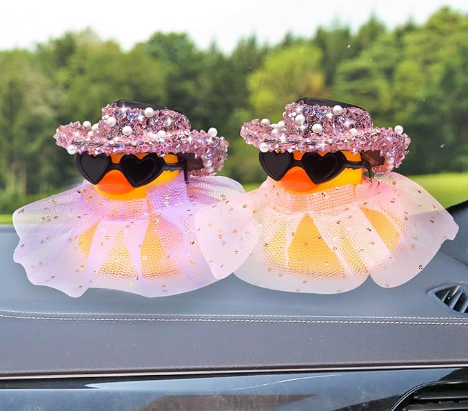 Car Rubber Duck Ornament Cute Duck Car Dashboard Decoration Accessories with Mini Hat Sunglasses and Skirt(AA11)