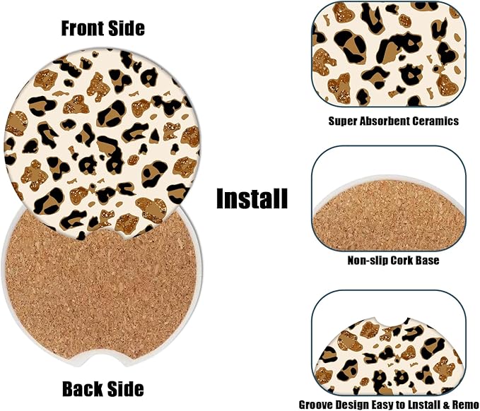 Car Cup Holder Coaster - Leopard Print Absorbent Ceramic Coaster, Car Coasters for Cup Holders, Auto Accessories for Women & Men, Pack of 2