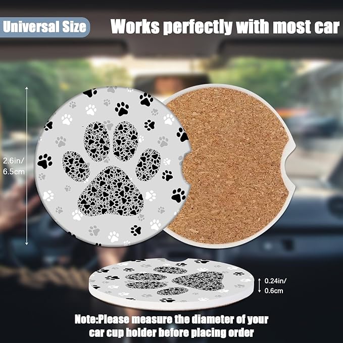 Car Cup Holder Coaster - Black and Gray Paws Absorbent Ceramic Coaster, Car Coasters for Cup Holders, Auto Accessories for Women & Men, Pack of 2