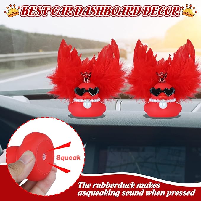 Car Ducks Rubber Duck Car Ornaments, Red Angel Feather Duck with Crown, Sunglasses, Red Wings & Pearl Necklace, for Women, Office, and Home Decor