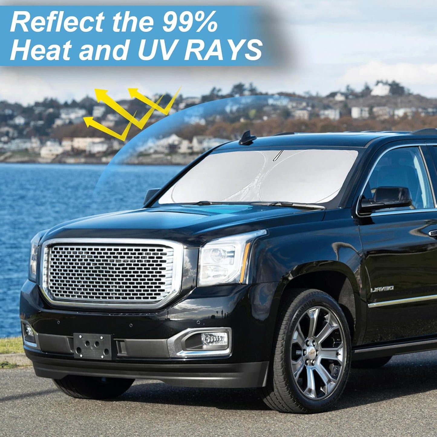 Custom Windshield Sunshade for 2021 2022 2023 2024 2025 GMC Yukon XL Accessories Front Window Shades Cover for Windshield Sun Visor Screen Protector 210T Reflective Blocks UV Rays Cool Car Accessories