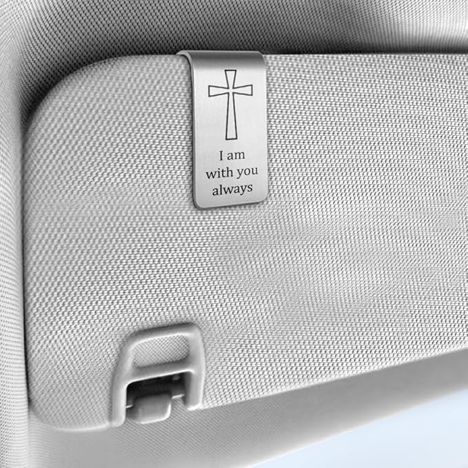 I Am with You Always Engraved Stainless Steel Car Visor Clip, Travels Visor Car Accessories, Driving Safety Prayer Religious Gifts for Parent Family Friend, New Driver Gifts