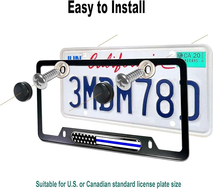 Aootf Police Thin Blue Line License Plate Frames- 2 Pack American Flag Matte Black Aluminum Patriotic Car Tag Cover Holder with Mount Screw Caps, Car Accessories for Officers Men Law Enforcement